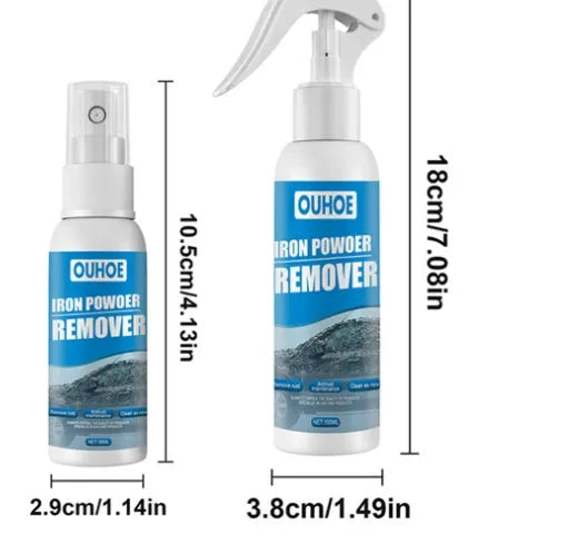 100ml and 30ml car iron powder remover spray bottles with blue square sponge and towel on a car panel.