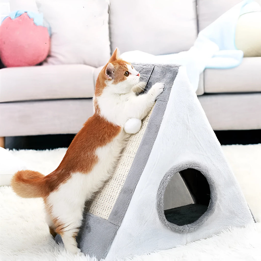 Triangular cat nest bed with sisal scratching posts in grey and white colour.