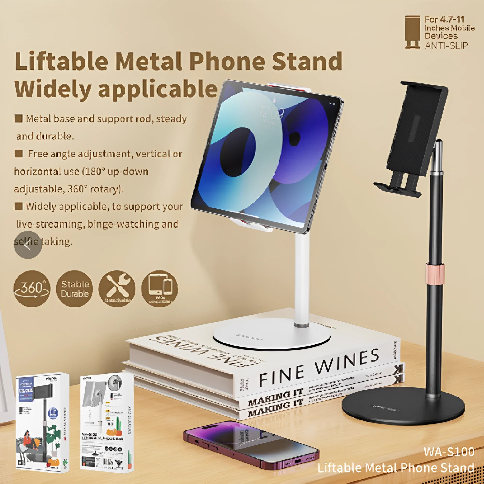 Adjustable tablet bracket with telescopic arm extended, holding an 11-inch tablet device.