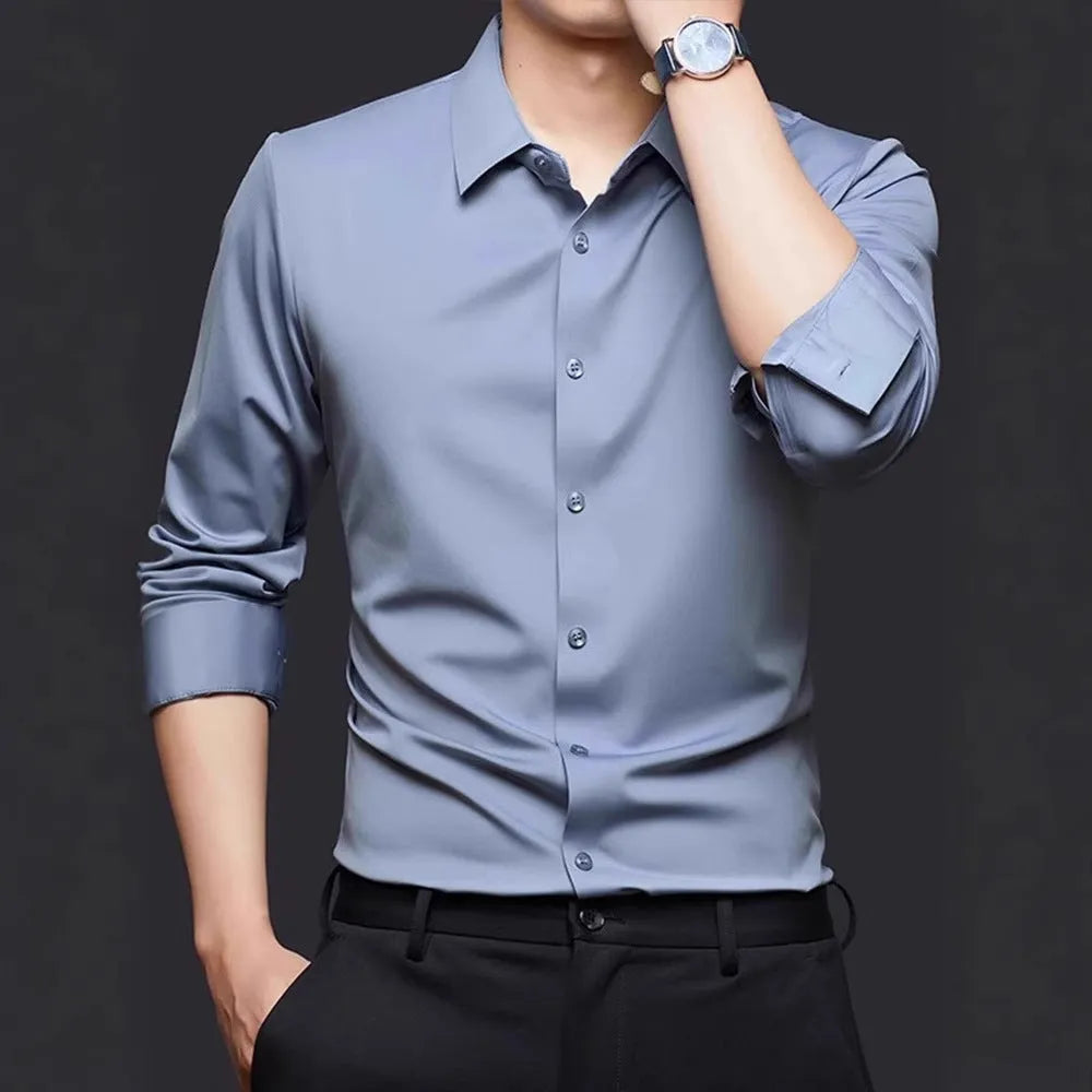Seamless high elastic long sleeve anti-wrinkle shirt cardigan in spandex fabric, available in eight colours
