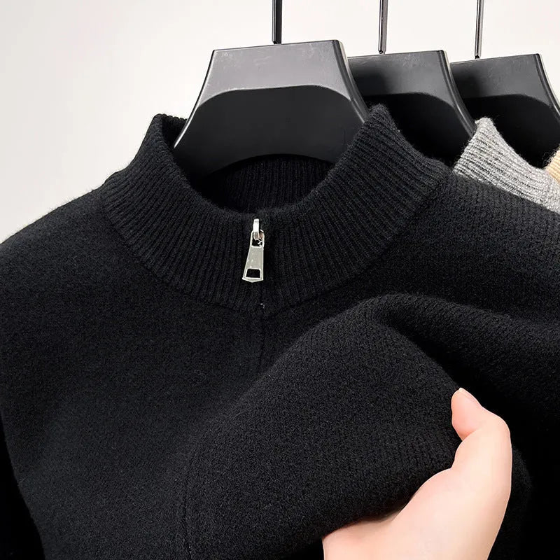 Men's loose fit grey knitted cardigan with stand collar and zip front closure