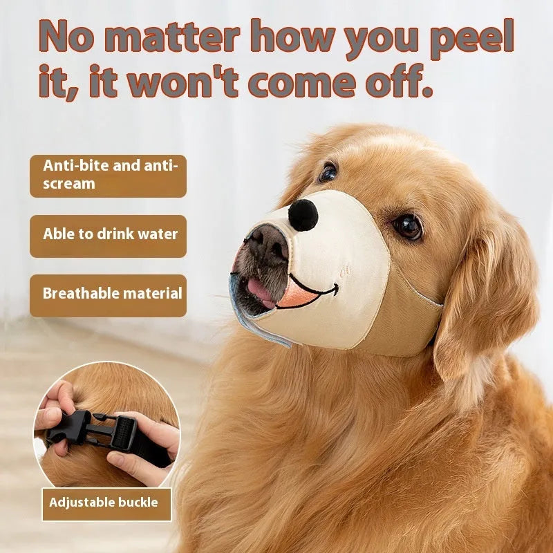 Canvas dog muzzle anti-bite guard in Ollie Brown Bear design, shown in size L for dogs 12.5-30kg.