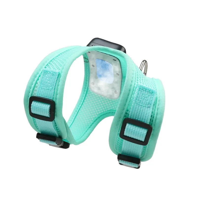 Mint green dog cooling vest harness with LED lights and leash for small breeds