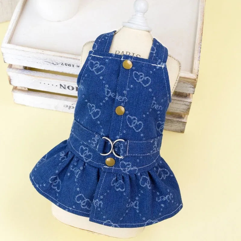 Teddy Bichon wearing thin denim princess dress with bracket-skirt design in HNXD denim colour