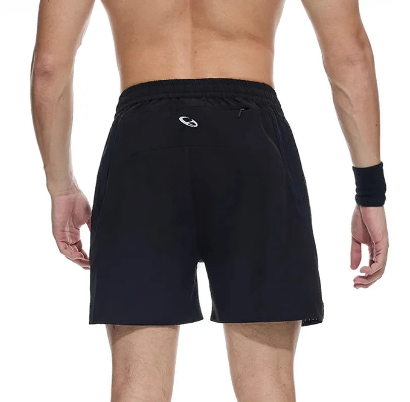 Black and blue running shorts with four-sided stretch and laser-stitched seams for training.