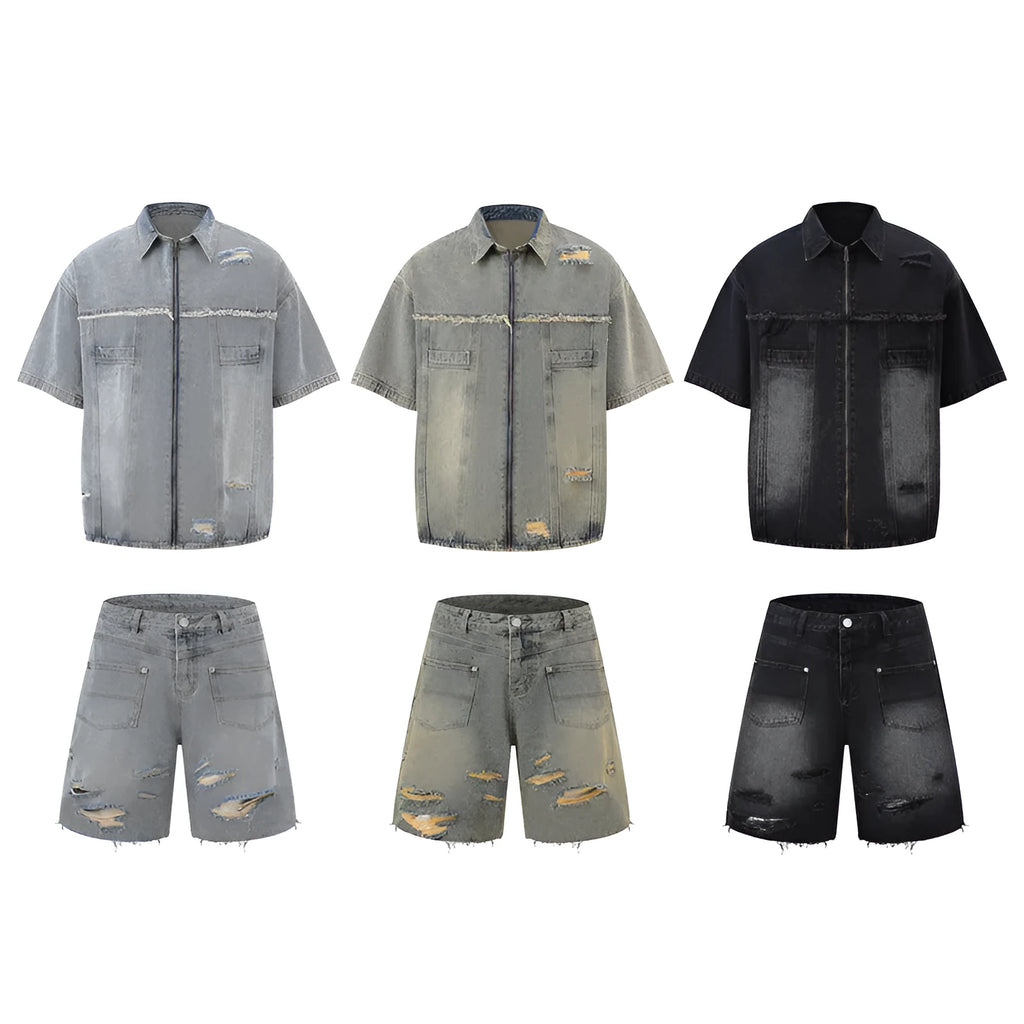 Denim overall suit two-piece set in black with short sleeve top and loose trousers, leisure style coordinated outfit