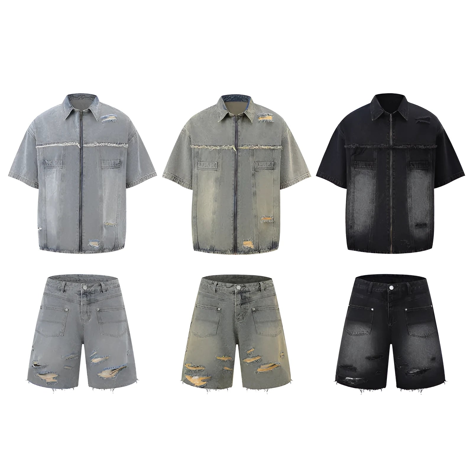 Denim overall suit two-piece set in black with short sleeve top and loose trousers, leisure style coordinated outfit