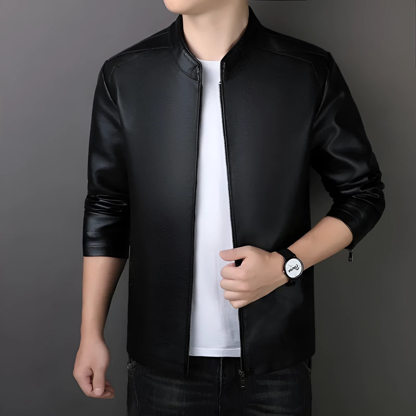 Men's PU leather jacket loose fit medium length 65cm in black, brown, and purplish red