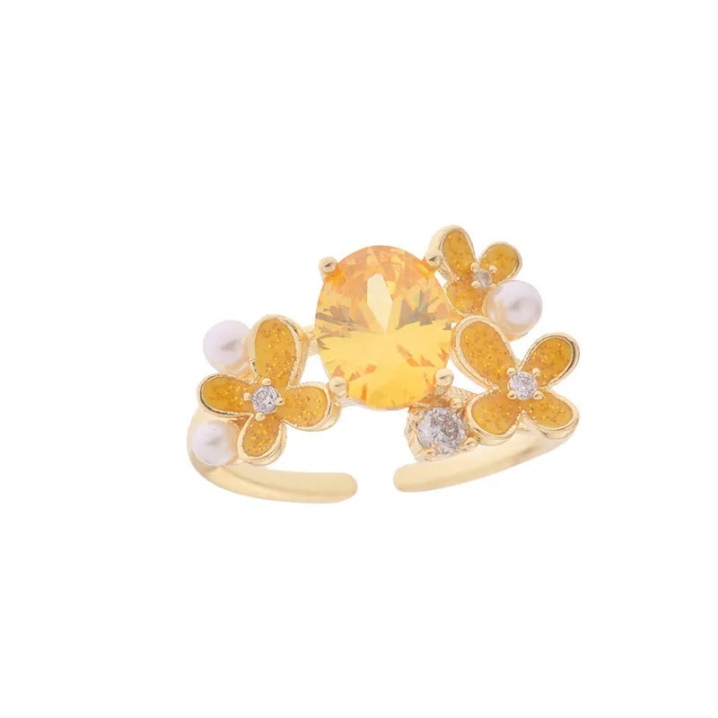 Flower pearl zircon open ring on copper base, yellow colour, cream sweet girl style