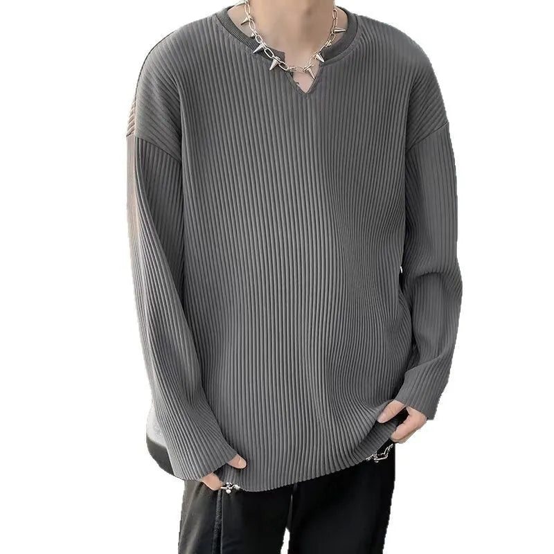 Plus size striped texture draping solid colour pullover top in black, long sleeves, loose fit polyester