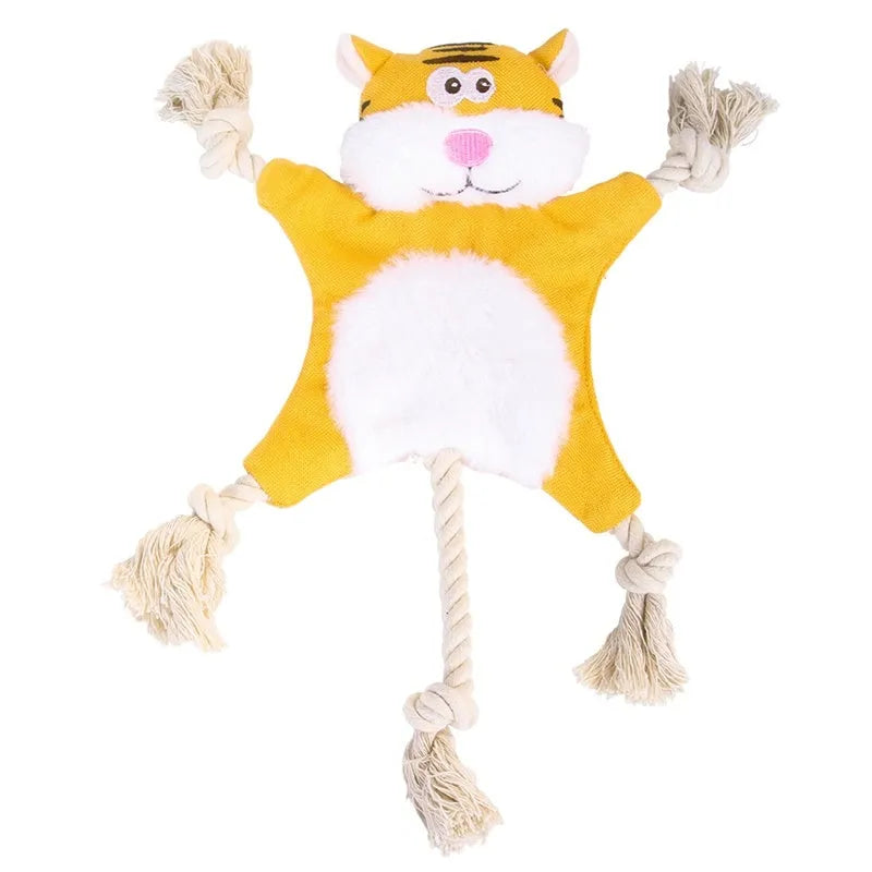 Set of six plush squeaky dog toys shaped like fox, squirrel, monkey, koala, rabbit, and tiger with rope