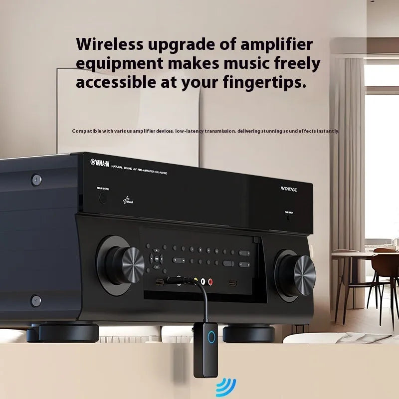 Black Bluetooth 5.4 audio adapter with flexible 3.5mm aux plug for wireless car and home audio connectivity