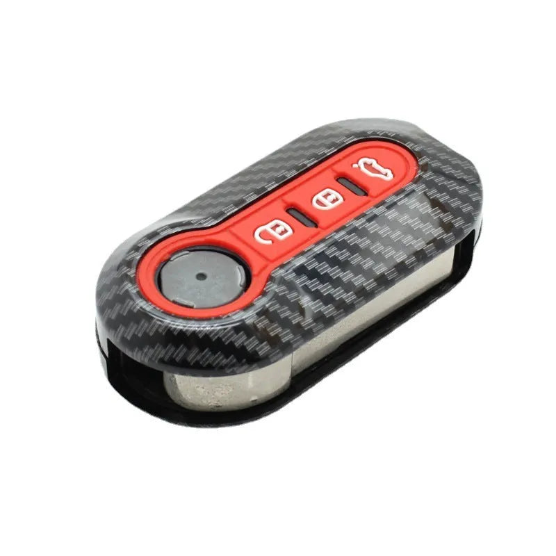 Fiat 500 Boyue car key shell in carbon fibre black ABS plastic, showing button layout.