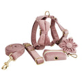 Light purple pink velvet dog collar with matching leash and vest accessory set.