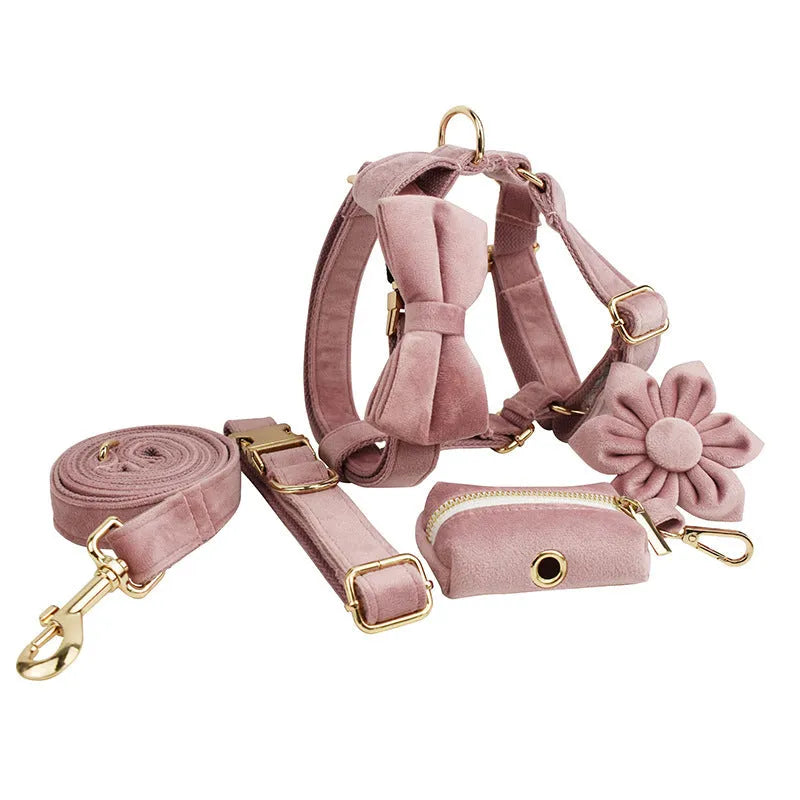 Light purple pink velvet dog collar with matching leash and vest accessory set.