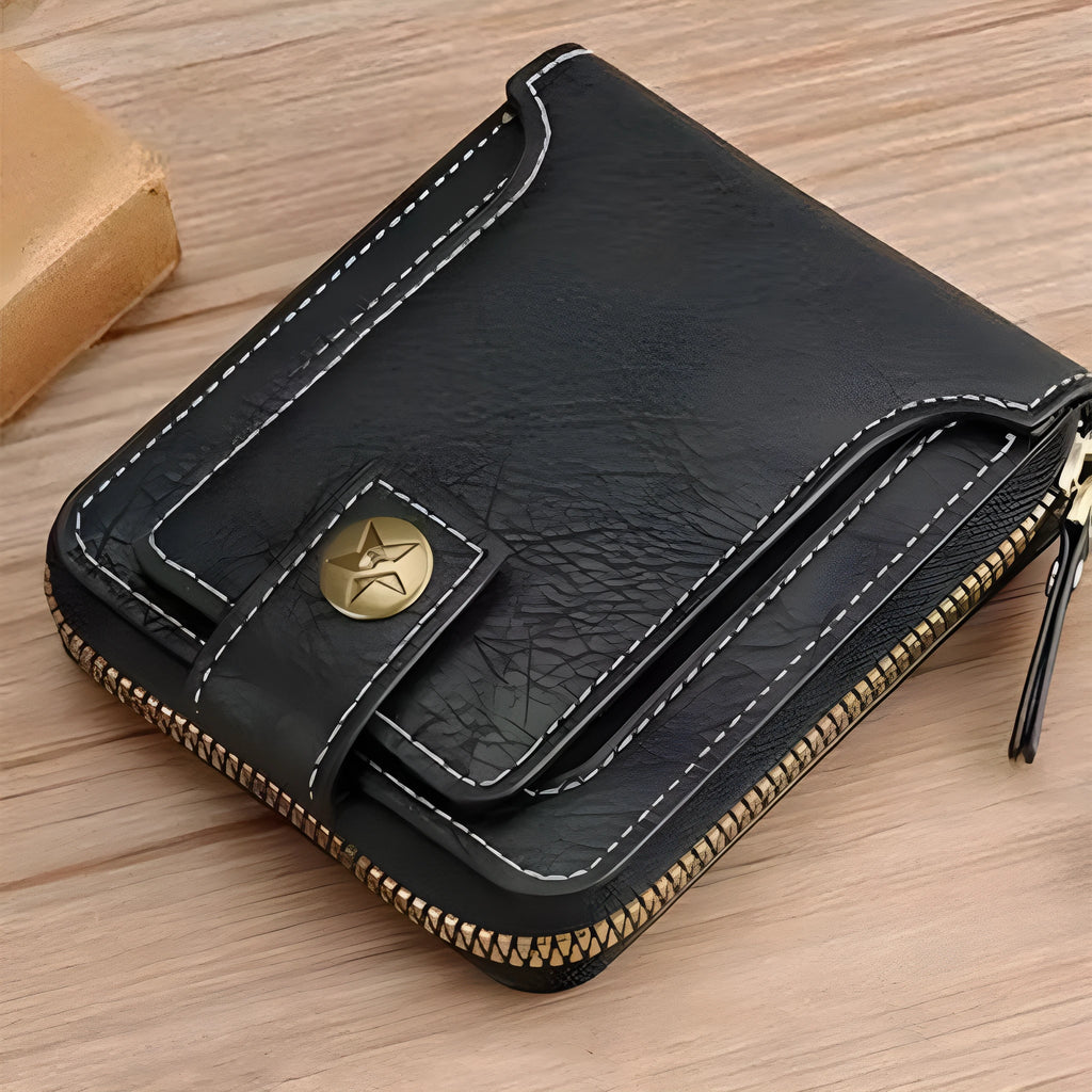 Men's short style PU bifold wallet in black with two-fold construction for card and cash storage