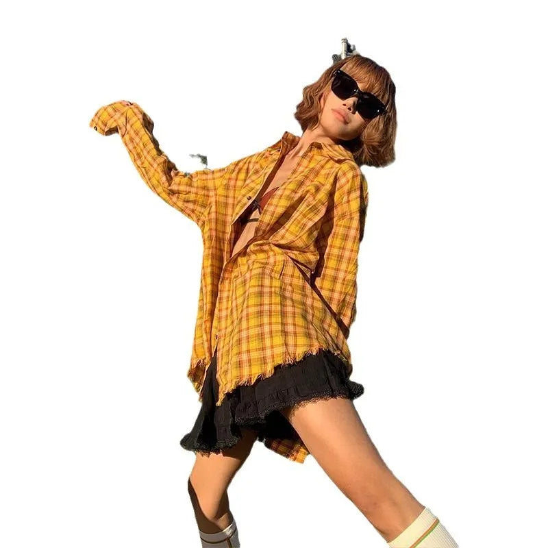 Dopamine yellow plaid shirt in loose cardigan style for men and women