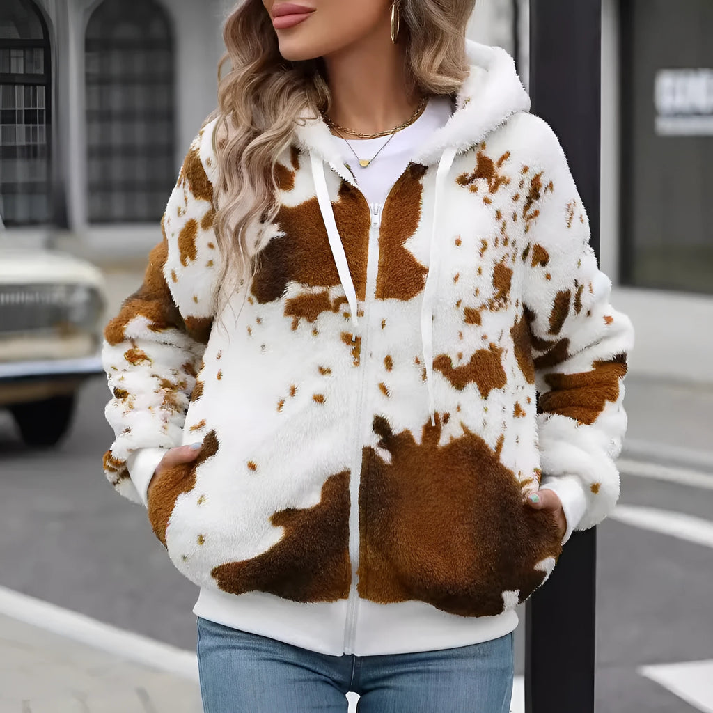 Yellow brown cow animal pattern hooded cardigan jacket with zipper front and regular sleeves