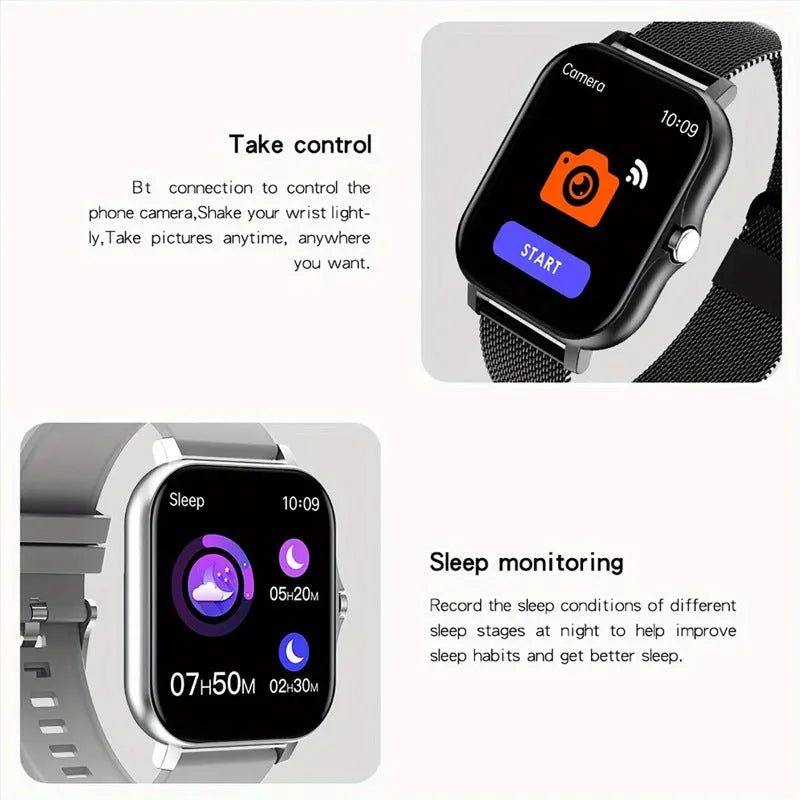 Smart watch with touch screen showing Bluetooth calling interface and health metrics