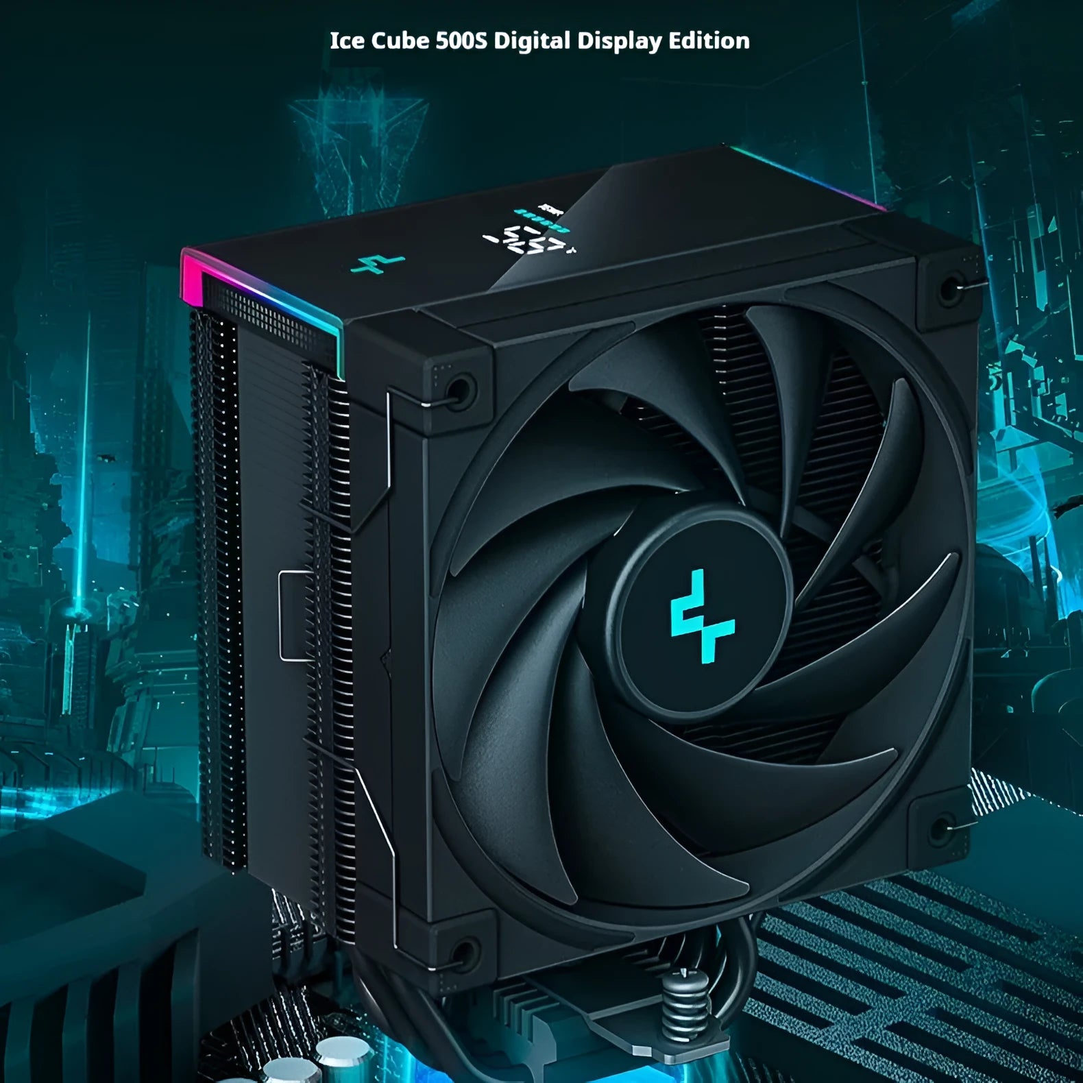 Black CPU air-cooled tower heatsink with digital temperature display showing temperature reading