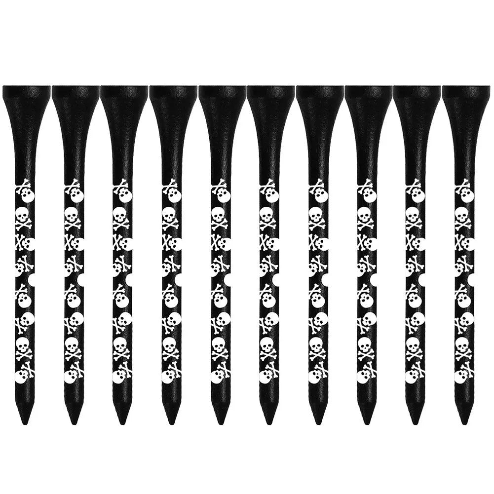Ten bamboo dowel pins for golf spikes in two lengths with black skull print.