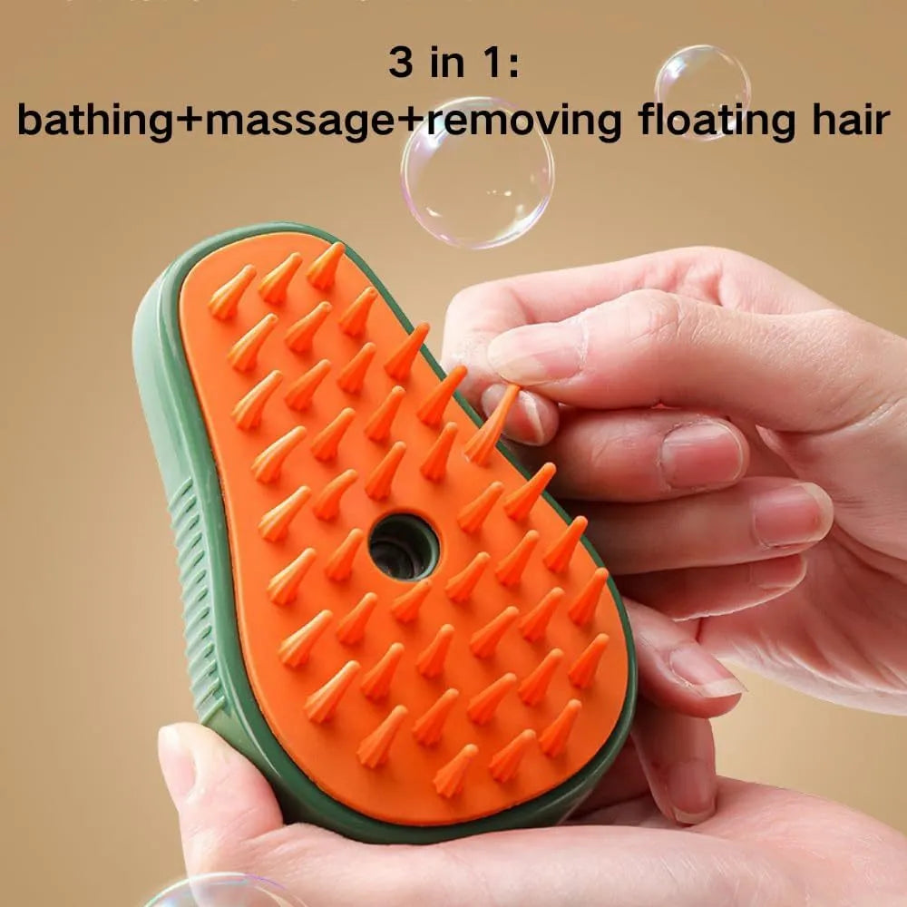 Green rechargeable cat steam brush with water spray nozzle and soft silicone teeth on a white background.