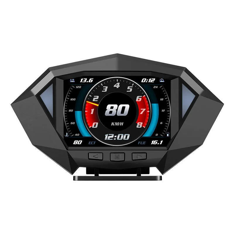 Black car HUD head-up display unit with LCD screen on an anti-slip mat, showing OBD cable.