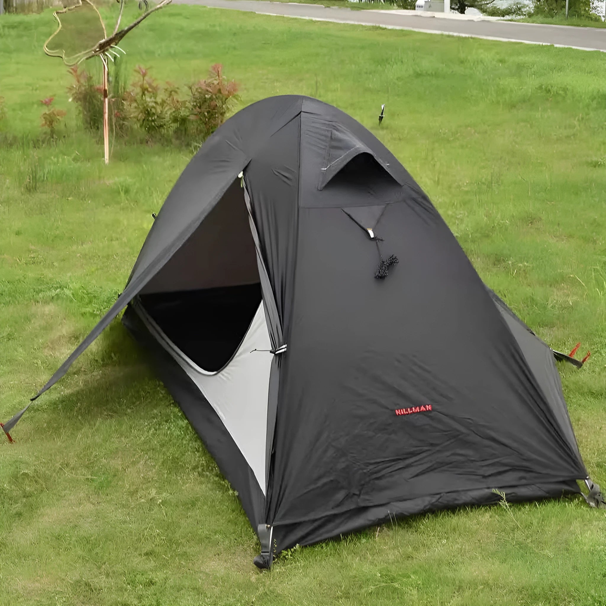 Single person hiking tent with aluminum poles in red, shown with double layer design and mesh ventilation panel.