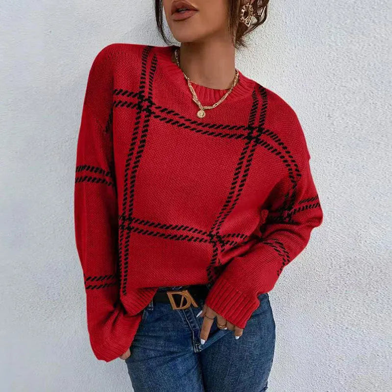 Women's loose fit plaid colour-block acrylic pullover sweater in apricot black beige stripes design