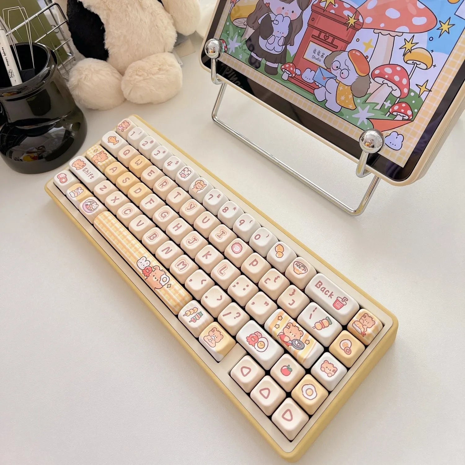 140-piece Rabbit Bear Restaurant themed PBT keycap set for mechanical keyboards with EOA height profile