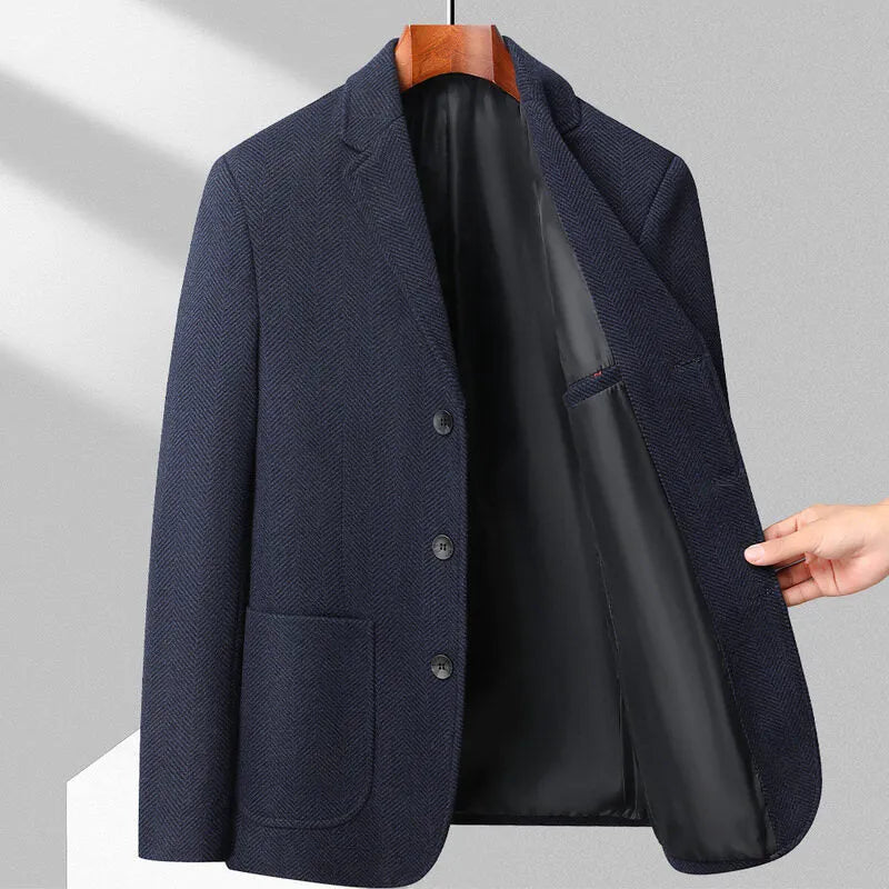 Men's loose fit solid colour wool blend coat for casual spring and autumn wear.