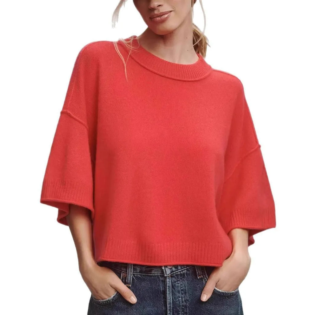 Women's red crop t-shirt in viscose fabric with regular sleeves and exposed navel styling