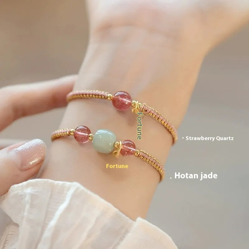 Red rope adjustable bracelet with Strawberry quartz style, unisex national tide design