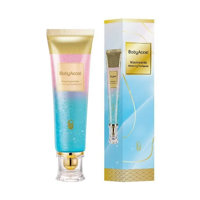 100g tube of nicotinamide whitening toothpaste for adult men and women on a blue background.