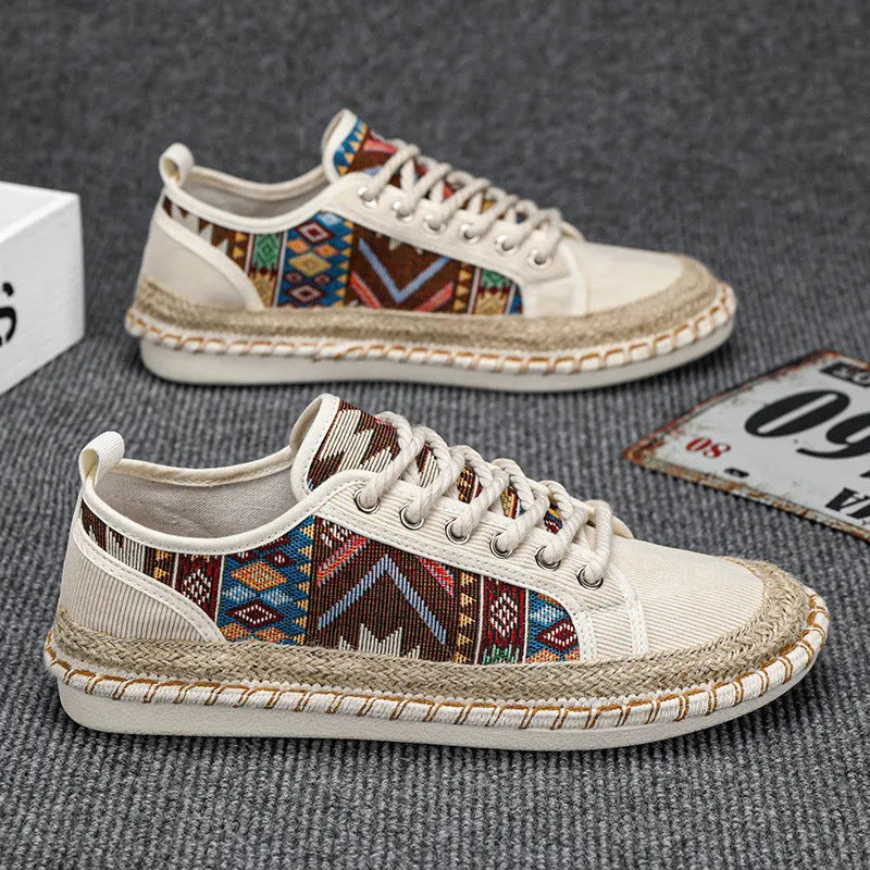 Men's summer breathable casual shoes with cloth upper in beige colour, round toe design