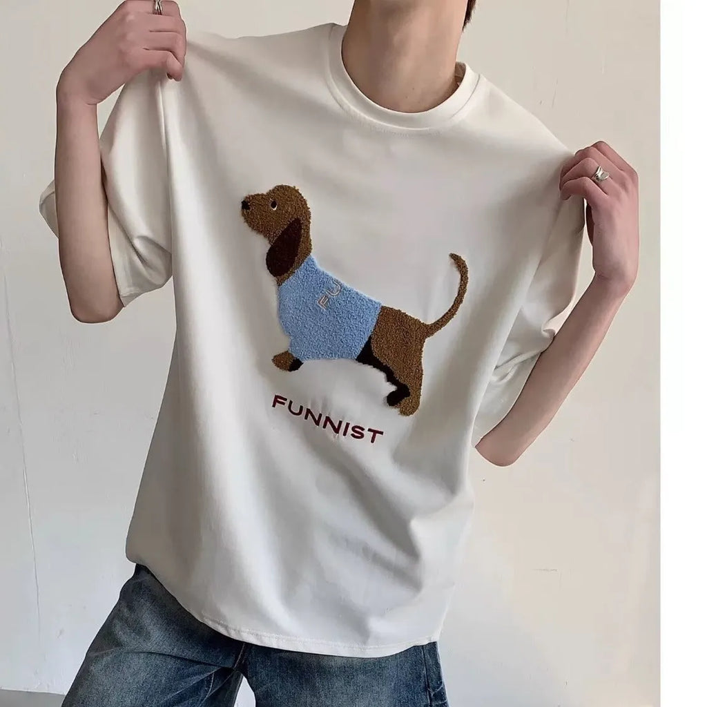 Grey men's short-sleeve cotton T-shirt with an embroidered sausage dog design on the chest.