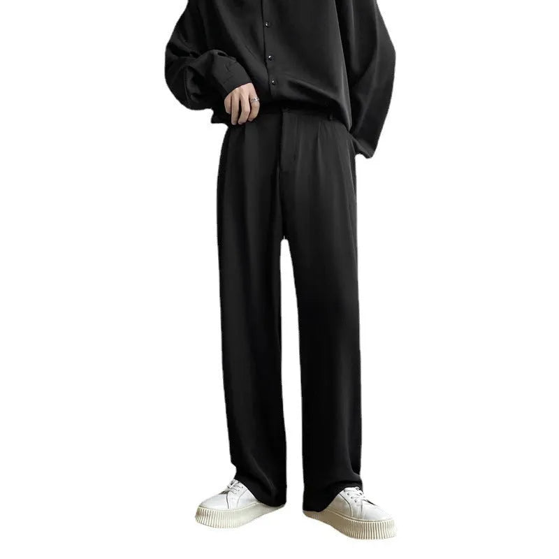 Men's loose straight casual trousers in solid colour, white black light gray polyester fabric
