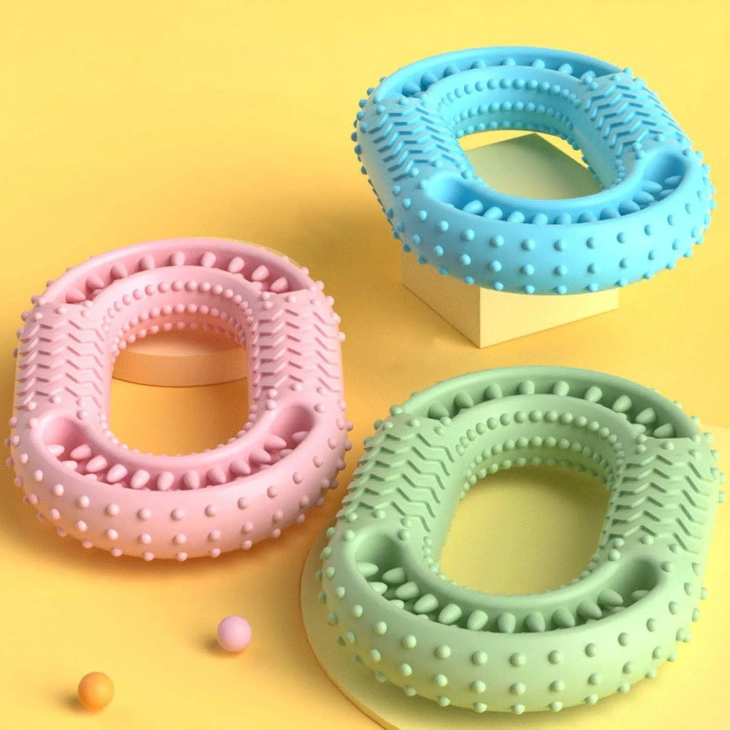 Blue O-ring shaped dog chew toy for aggressive chewers on white background