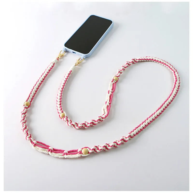 Hand-woven cotton mobile phone charm crossbody strap with alloy connectors in bohemian vintage pastoral style, available in multiple colours.