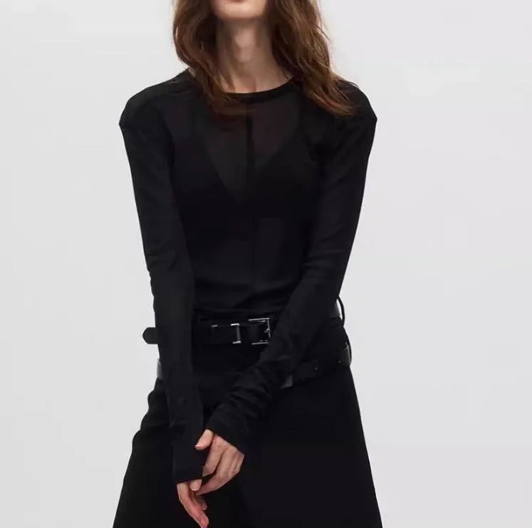 Black slim-fit women's mesh pullover with long sleeves and a see-through texture.