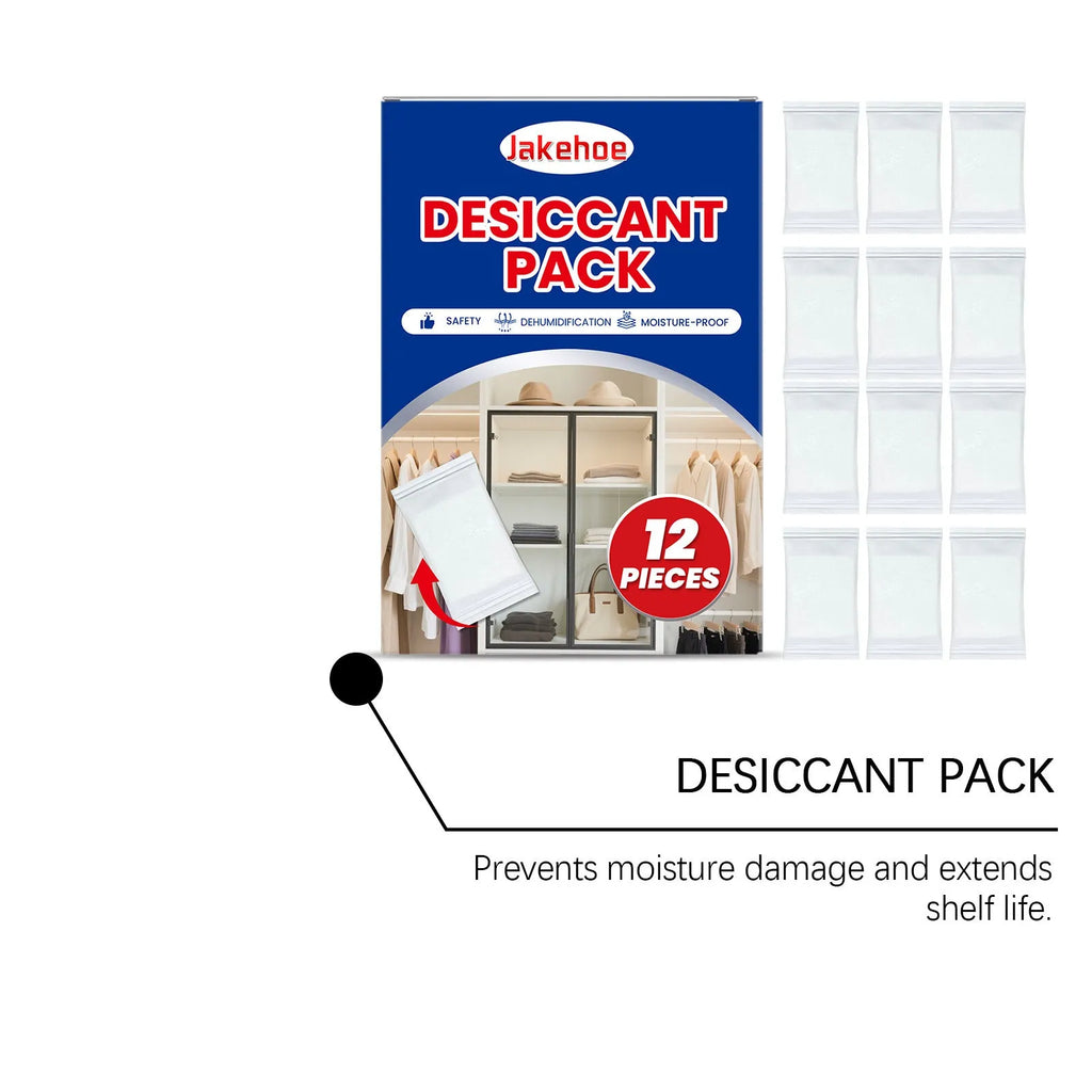 Pack of 12 white calcium chloride desiccant sachets for household moisture control.