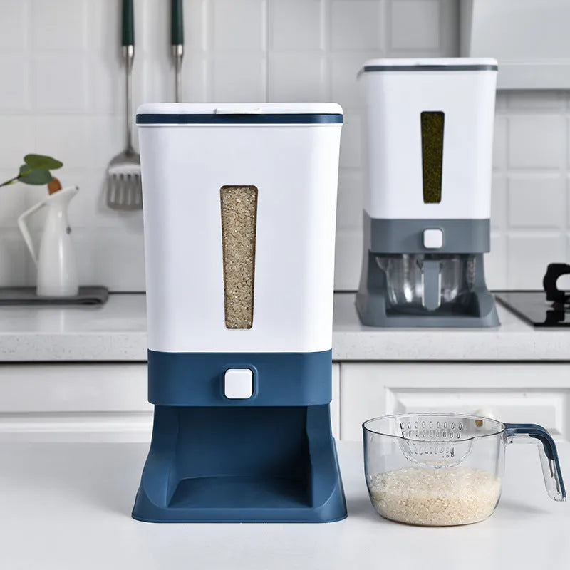 Automatic kitchen plastic rice bucket with metering lid, 5L to 6L capacity, in black and blue colour options