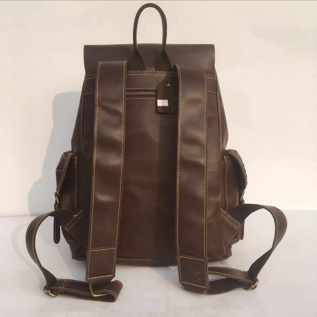 Men's coffee brown top layer cowhide leather backpack with air pillow belt shoulder straps