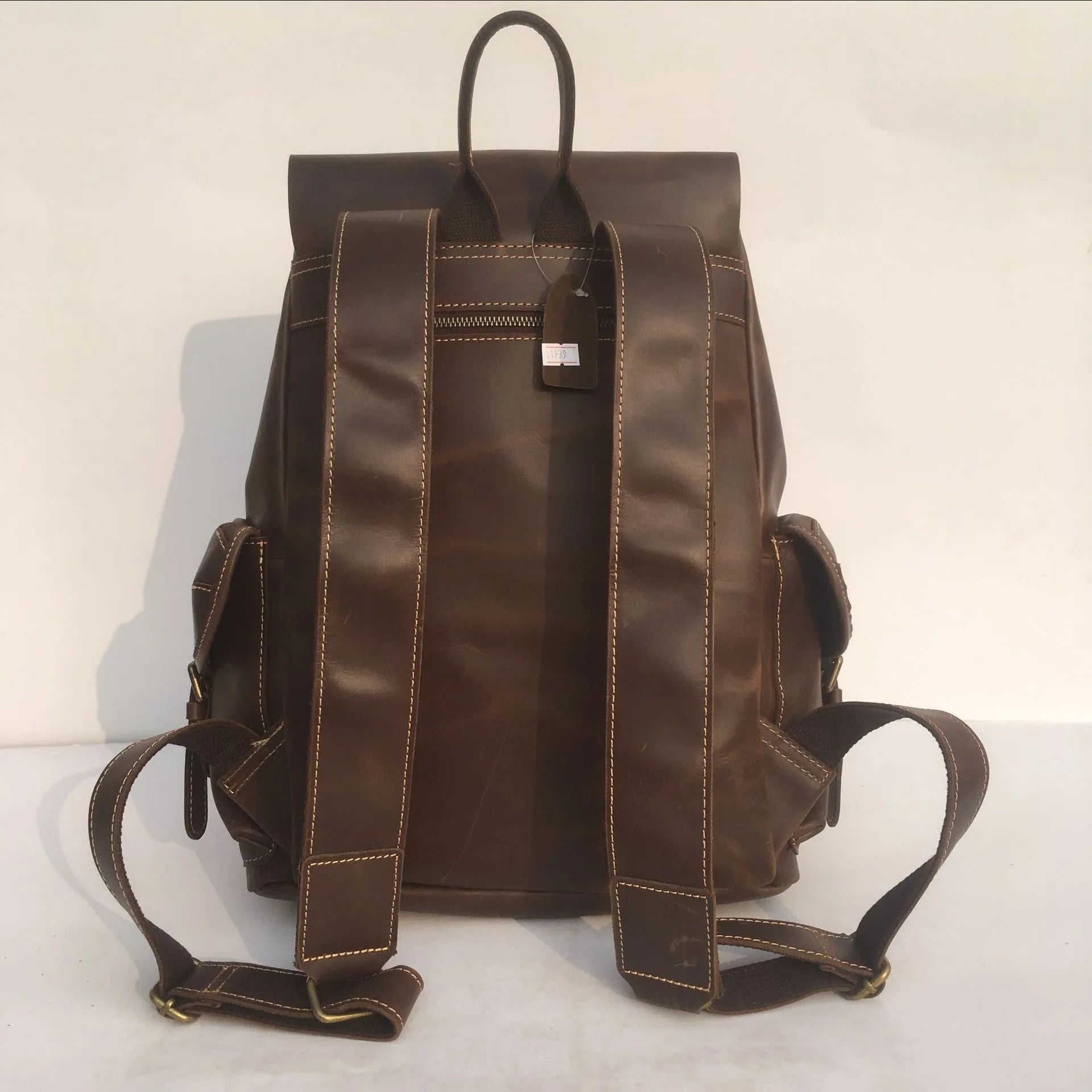 Men's coffee brown top layer cowhide leather backpack with air pillow belt shoulder straps