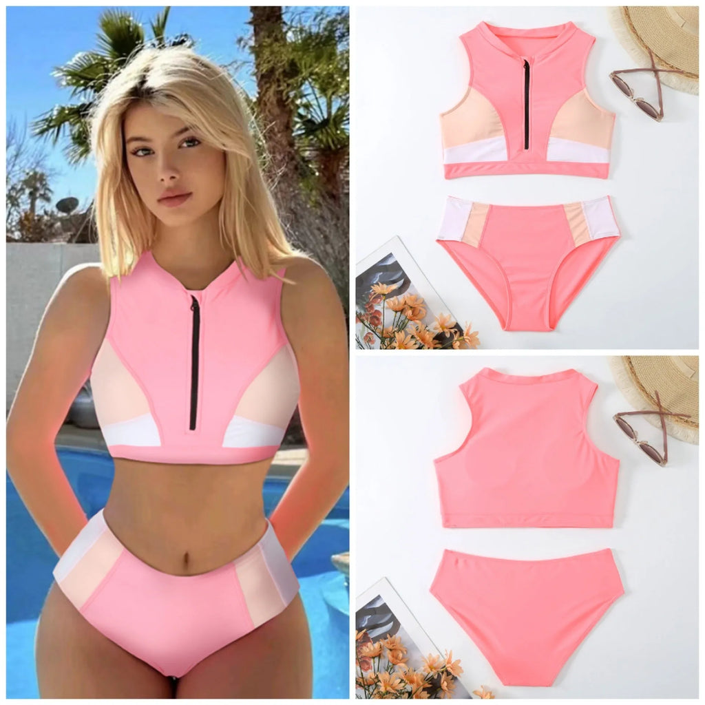 Pink high-waist bikini swimsuit with briefs style shorts and sleeveless top on a neutral background.