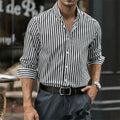 Men's striped loose-fit cardigan style long sleeve casual shirt in Khaki polyester fibre