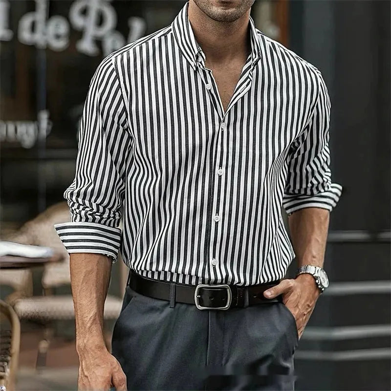 Men's striped loose-fit cardigan style long sleeve casual shirt in Khaki polyester fibre