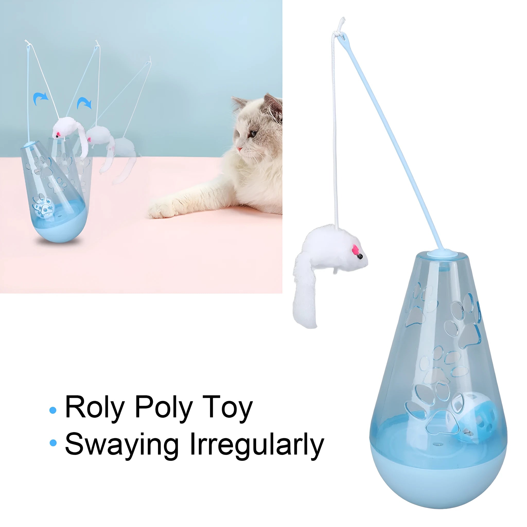 Blue cat toy with bell ball and treat dispenser, plush mouse stick, 30cm tall, on floor