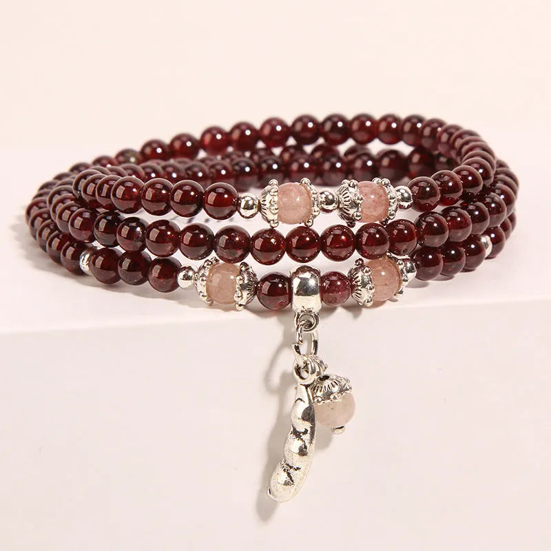 Wine red garnet crystal bracelet with flower-shaped beads on a single strand for women's natural jewellery
