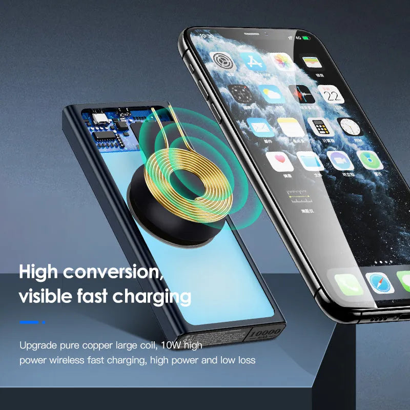 Black and blue alloy fast charging wireless power bank 10000mAh with plug
